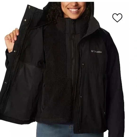Columbia Women's 3 In One Sherpa Hooded Jacket Outerwear Coat Black Size Large - Picture 1 of 11